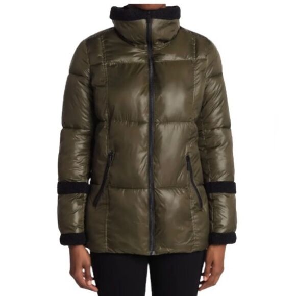 French Connection Puffer Jacket Coat Women's sz Medium Green/Black Faux Fur - Picture 3 of 16